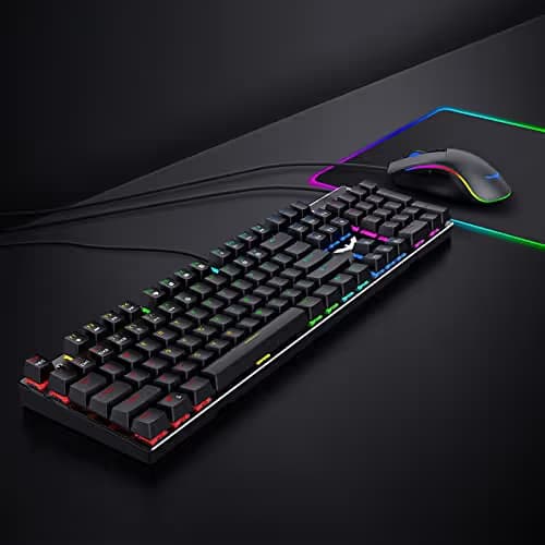 Havit Mechanical Gaming Keyboard and Mouse Combo Blue Switch 104 Keys Rainbow Backlit Keyboards, 4800DPI 7 Button Mouse Wired for PC Gamer Computer Laptop image
