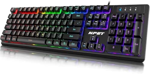 NPET K10 Gaming Keyboard USB Wired Floating Keyboard, Quiet Ergonomic Water-Resistant Mechanical Feeling Keyboard, Ultra-Slim Rainbow LED Backlit Keyboard for Desktop, Computer, PC image