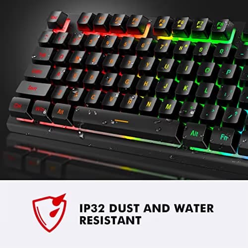 NPET K10 Gaming Keyboard USB Wired Floating Keyboard, Quiet Ergonomic Water-Resistant Mechanical Feeling Keyboard, Ultra-Slim Rainbow LED Backlit Keyboard for Desktop, Computer, PC image