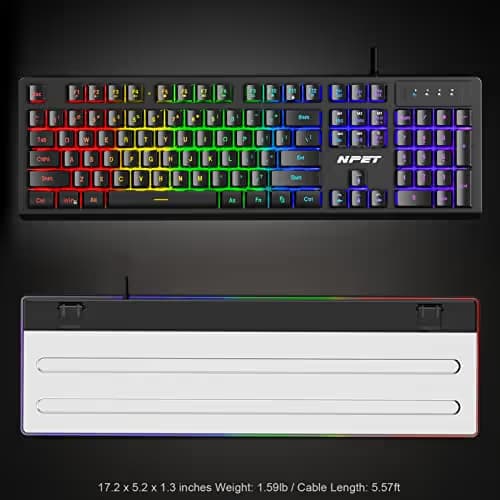 NPET K10 Gaming Keyboard USB Wired Floating Keyboard, Quiet Ergonomic Water-Resistant Mechanical Feeling Keyboard, Ultra-Slim Rainbow LED Backlit Keyboard for Desktop, Computer, PC image