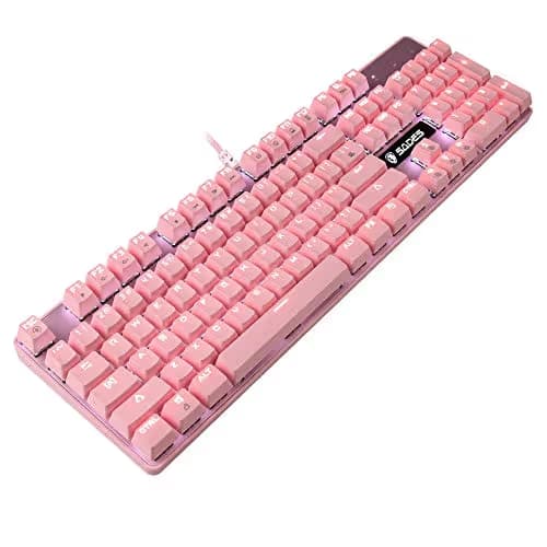 SUPSOO Mechanical Keyboard, USB Wired & Metal Panel, Compact 104 Key Computer Keyboard with Blue Switch and 12 Multimedia Keys for Windows PC Office Gamers, Pink White LED Backlit image