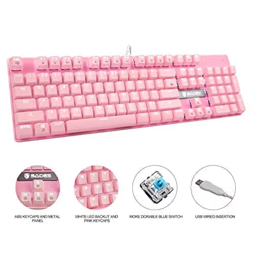 SUPSOO Mechanical Keyboard, USB Wired & Metal Panel, Compact 104 Key Computer Keyboard with Blue Switch and 12 Multimedia Keys for Windows PC Office Gamers, Pink White LED Backlit image
