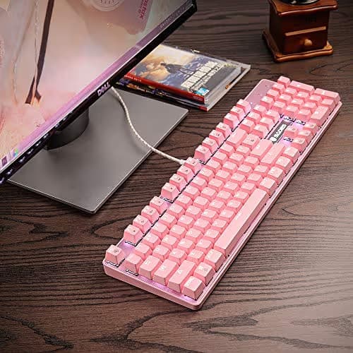 SUPSOO Mechanical Keyboard, USB Wired & Metal Panel, Compact 104 Key Computer Keyboard with Blue Switch and 12 Multimedia Keys for Windows PC Office Gamers, Pink White LED Backlit image