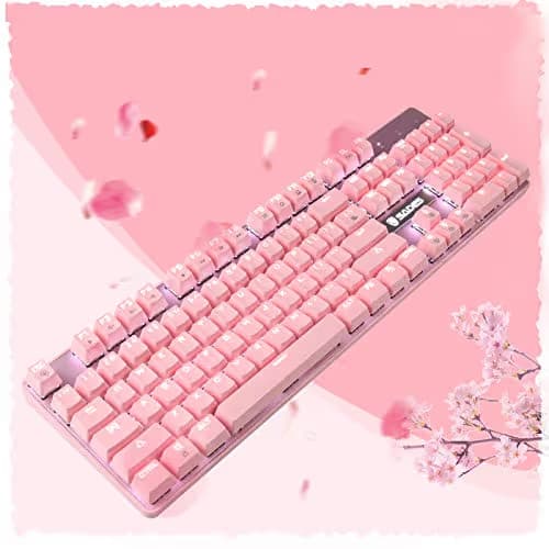 SUPSOO Mechanical Keyboard, USB Wired & Metal Panel, Compact 104 Key Computer Keyboard with Blue Switch and 12 Multimedia Keys for Windows PC Office Gamers, Pink White LED Backlit image