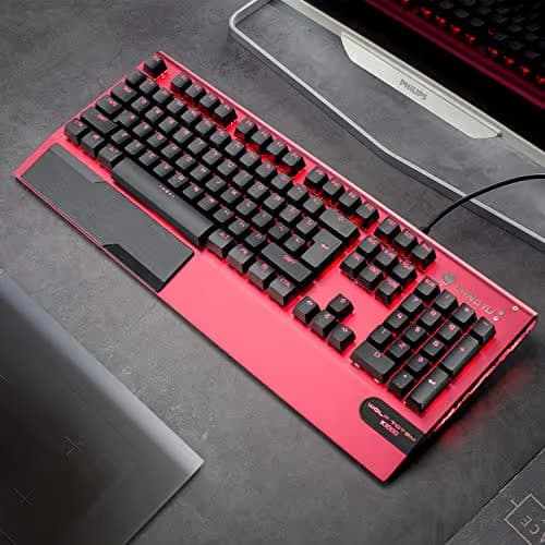 Mechanical Gaming Keyboard, LANGTU All-Metal Panel USB Wired Computer Keyboard with Wrist Rest, LED Backlit Keyboard Blue Switch 104 Keys for Windows PC Gamers - X1000 Silver/White image