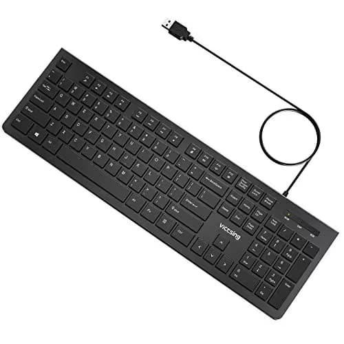 VicTsing Wired Keyboard Slim, Computer Keyboard USB Keyboard with Foldable Stand, Chiclet Keyboard for Windows 7/8/10/Vista, Mac/Laptop/Desktop-Black image