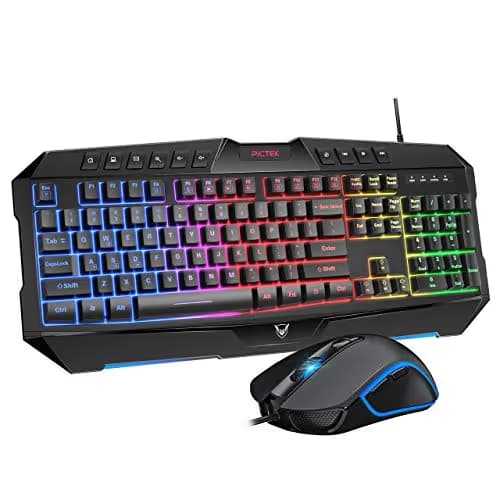 PICTEK Backlit Keyboard and Mouse Combo, LED Wired Gaming Keyboard, Ergonomic Keyboard, Wrist Rest Keyboard with Efficient Multimedia Keys, Programmable Gaming Mouse for Mac, PC, Sega Game Gear Games main image