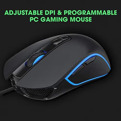 PICTEK Backlit Keyboard and Mouse Combo, LED Wired Gaming Keyboard, Ergonomic Keyboard, Wrist Rest Keyboard with Efficient Multimedia Keys, Programmable Gaming Mouse for Mac, PC, Sega Game Gear Games image