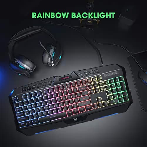 PICTEK Backlit Keyboard and Mouse Combo, LED Wired Gaming Keyboard, Ergonomic Keyboard, Wrist Rest Keyboard with Efficient Multimedia Keys, Programmable Gaming Mouse for Mac, PC, Sega Game Gear Games image