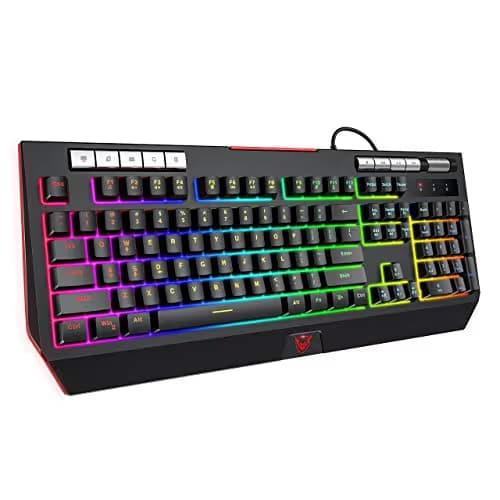 PICTEK RGB Gaming Keyboard 【Upgraded】 with Phone Holder, Volume Wheel, Customizable RGB Backlit Wired Keyboard, 9 Independent Multimedia Keys, Computer Keyboard for Mac/PC Gamers, Sega Saturn Games image