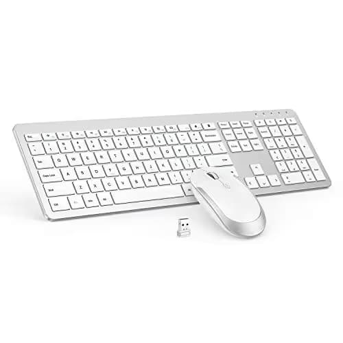 Wireless Keyboard and Mouse Combo - Full Size Slim Thin Wireless Keyboard Mouse with Numeric Keypad with On/Off Switch on Both Keyboard and Mouse - White & Silver image