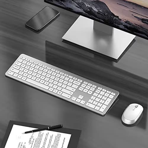 Wireless Keyboard and Mouse Combo - Full Size Slim Thin Wireless Keyboard Mouse with Numeric Keypad with On/Off Switch on Both Keyboard and Mouse - White & Silver image