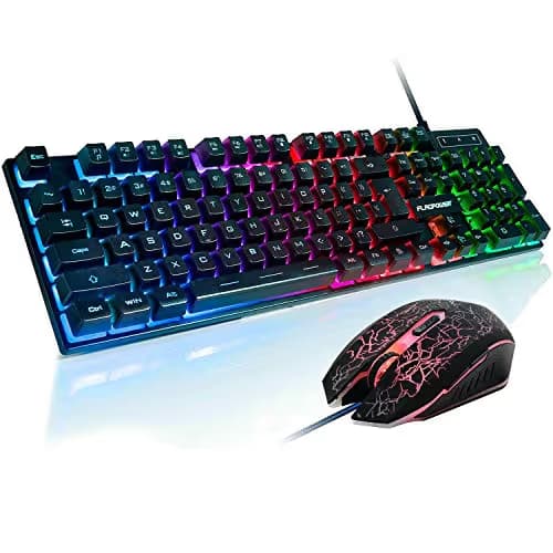 FLAGPOWER Gaming Keyboard and Mouse Combo, Rainbow Backlit Mechanical Feeling Keyboard with 4 Colors Breathing LED Backlight Mouse for PC, Laptop, Computer image