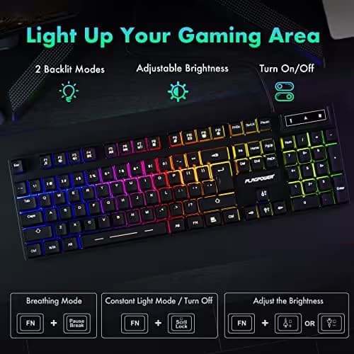 FLAGPOWER Gaming Keyboard and Mouse Combo, Rainbow Backlit Mechanical Feeling Keyboard with 4 Colors Breathing LED Backlight Mouse for PC, Laptop, Computer image
