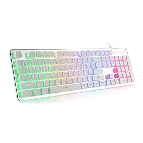 LANGTU Membrane Gaming Keyboard, Rainbow LED Backlit Quiet Keyboard for Office, USB Wired All-Metal Panel 25 Keys Anti-ghosting Computer Keyboard 104 Keys - L1 White/Silver main image