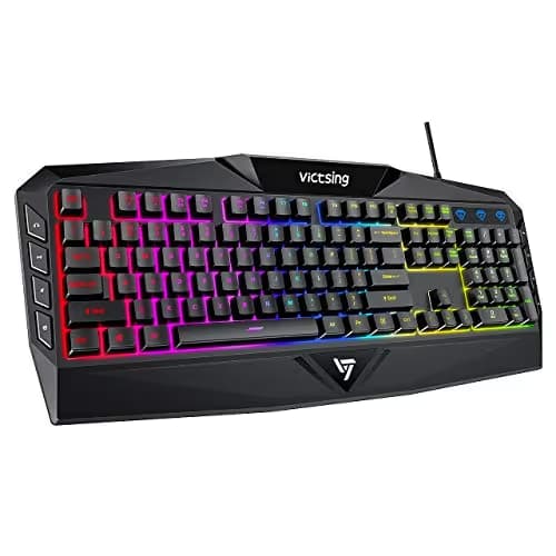 VicTsing Gaming Keyboard, USB Wired Keyboard with Rainbow Backlit and Spill-Resistant Design, Strong Durability, 8 Multimedia Keys, 19 Anti-Ghosting Keys, Ergonomic Wrist Rest Keyboard - Black image