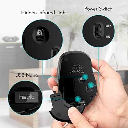 Havit 2.4G Wireless Mouse 2000DPI Optical Mini Portable Mobile with USB Receiver, 3 Adjustable DPI Levels, 4 Buttons for Notebook, PC, Laptop, Computer, MacBook (Black) image