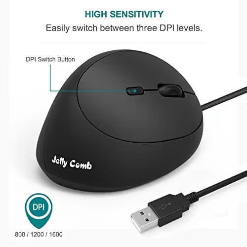 Wired Vertical Mouse, Jelly Comb Small Ergonomic Mouse High Precision Optical Mice with Adjustable Sensitivity 800/1200 /1600 DPI, 6 Buttons, 【 for Small Hands 】 - Black image