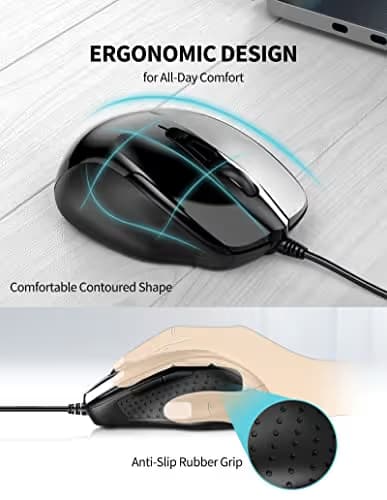 TECKNET 6-Button USB Wired Mouse with Side Buttons, Optical Computer Mouse with 1000/2000DPI, Ergonomic Design, 5ft Cord, Support Laptop Chromebook PC Desktop Mac Notebook-Black image