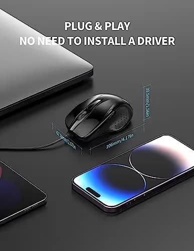 TECKNET 6-Button USB Wired Mouse with Side Buttons, Optical Computer Mouse with 1000/2000DPI, Ergonomic Design, 5ft Cord, Support Laptop Chromebook PC Desktop Mac Notebook-Black image