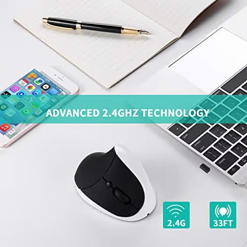 Vertical Mouse, AURTEC Rechargeable 2.4G Wireless Ergonomic Mice with USB Receiver, 6 Buttons and 3 Adjustable DPI 800/1200/1600, White image