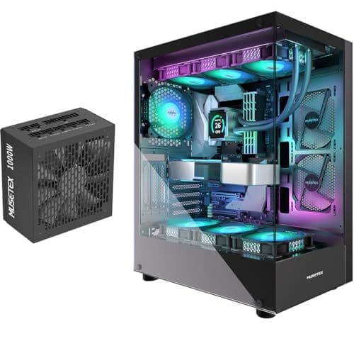 MUSETEX K2 ATX Mid Tower Black Tempered Glass Side Panel, w/1000 W Power Supply main image