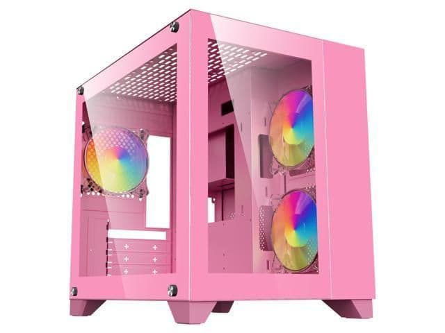 DIYPC ARGB-Q3 V2 Micro ATX Mini Tower Pink with Tempered Glass Side Panel and USB 3.2 Gen 1 Type-A, USB 2.0 Type-A image