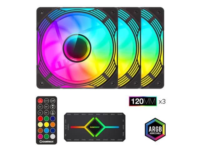 GameMax KF300 120mm Black 44.35 CFM Addressable RGB PWM 3-Pack main image