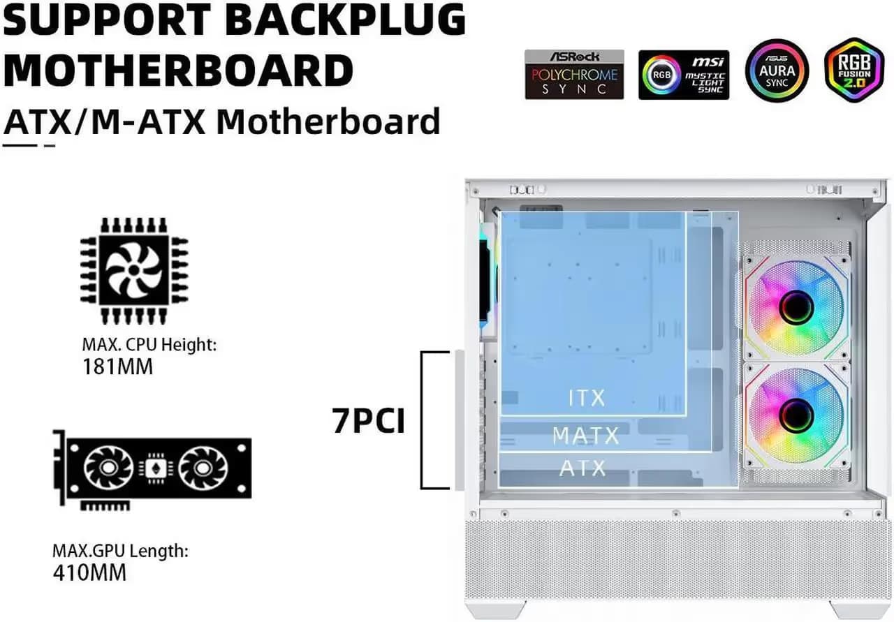 SAMA SV02 ATX Computer Gaming PC Case Mid Tower White with 3 ARGB Fans Pre-Installed, Tempered Glass Transparent Side Panel,BTF Back Plug Motherboard Design image