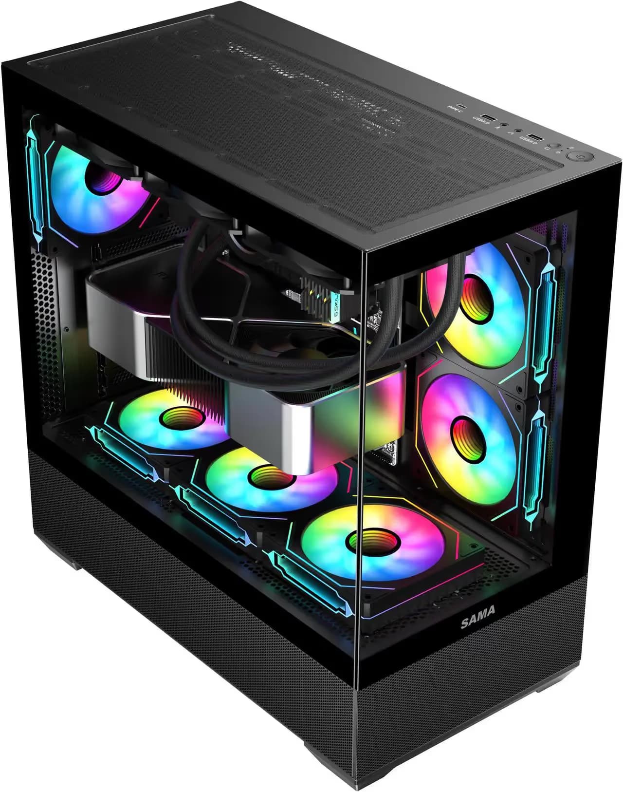 SAMA SV02 ATX Computer Gaming PC Case Mid Tower Black with 3 ARGB Fans Pre-Installed, Tempered Glass Transparent Side Panel,BTF Back Plug Motherboard Design image