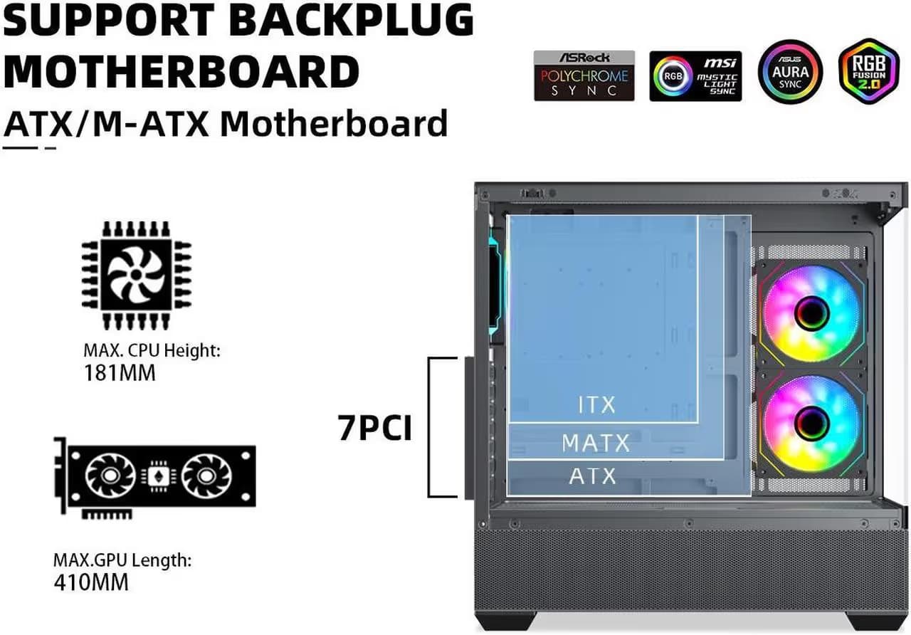 SAMA SV02 ATX Computer Gaming PC Case Mid Tower Black with 3 ARGB Fans Pre-Installed, Tempered Glass Transparent Side Panel,BTF Back Plug Motherboard Design image