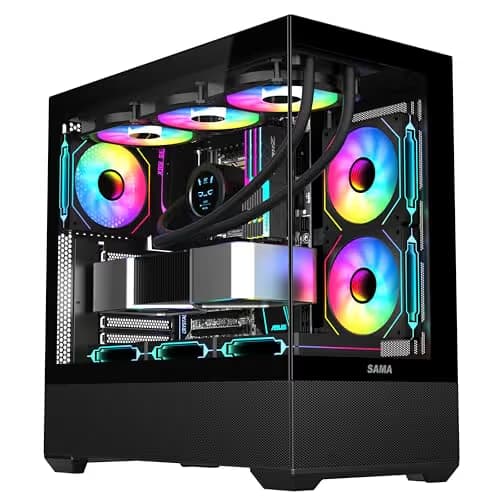 SAMA SV02 ATX Computer Gaming PC Case Mid Tower Black with 3 ARGB Fans Pre-Installed, Tempered Glass Transparent Side Panel,BTF Back Plug Motherboard Design main image
