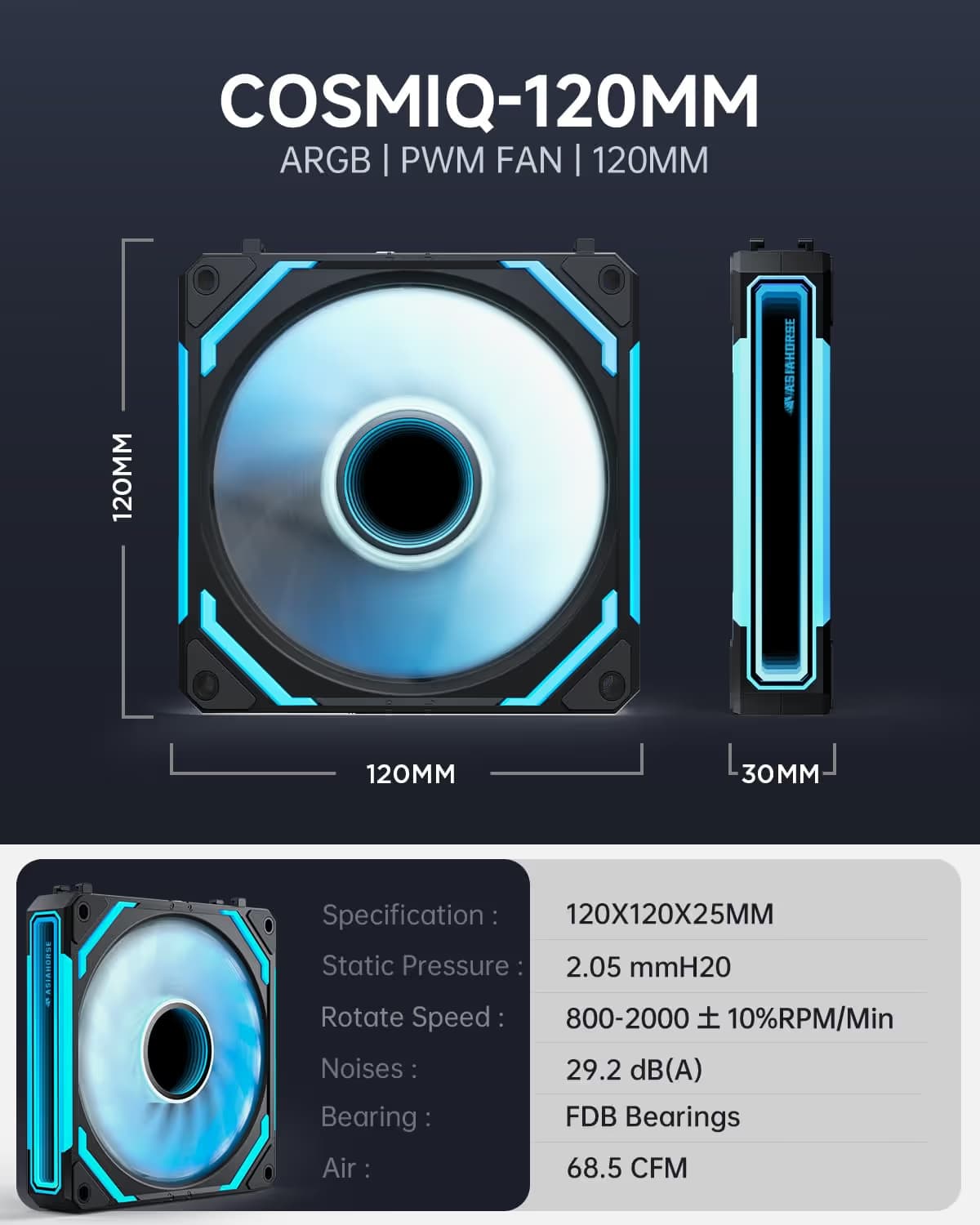 AsiaHorse COSMIQ 120mm PC RGB Fans Computer Case Fans, 5V 3-PIN Connector Daisy Chain PWM Black Pack of 3 image
