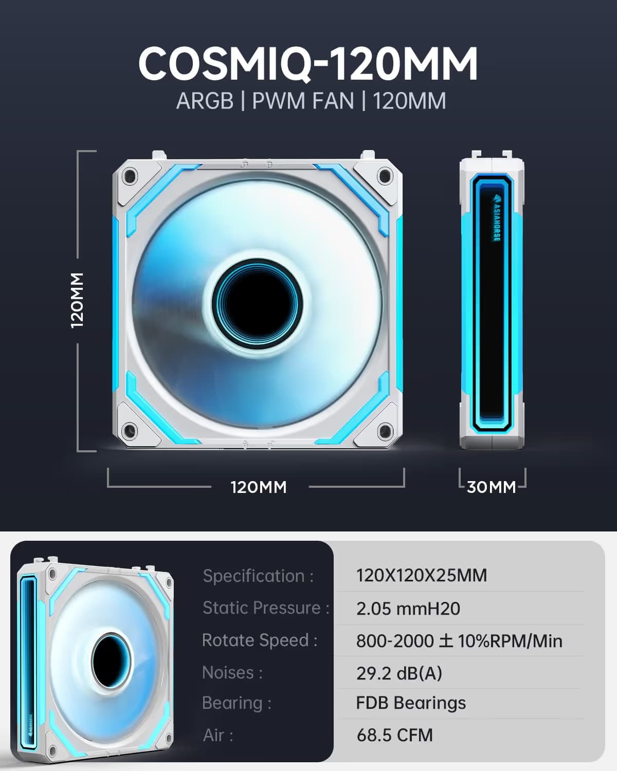 AsiaHorse COSMIQ 120mm Case Fan, Infinity Mirror FDB Reverse Fan with 5V 3-PIN Connector White Pack of 3 image