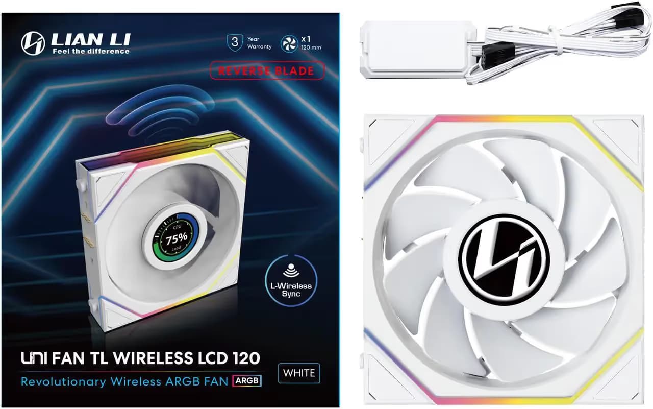  Lian Li UNI FAN TL120 LCD Wireless 120mm White Reverse Blade image