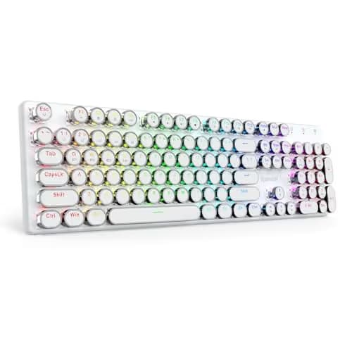 Redragon K710 Wireless Typewriter Mechanical Gaming Keyboard, Bluetooth/2.4Ghz/Wired, RGB LED Backlit, Blue Switch - Clicky, Rechargeable, Solid Metal Panel, Round Keycaps, White main image