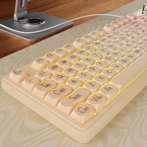 EWEADN V102 Wired Keyboard, 98 Keys Creamy Gaming Keyboard with Number Pad, Display Screen & Media Knob RGB Silent Wired Cute Computer Keyboard for Laptop PC Gamer - Cream Pink image
