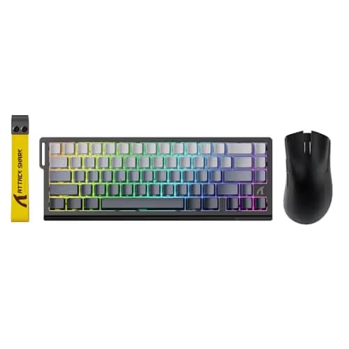 ATTACK SHARK X68 HE Wired Rapid Trigger Mechanical Gaming Keyboard and R1 Mouse with Adjustable Actuation,Coiled Cable,USB C/2.4Ghz Wireless/BT Ultralight 18K DPI Mice for Esport PC Gamer(Moonlight) image