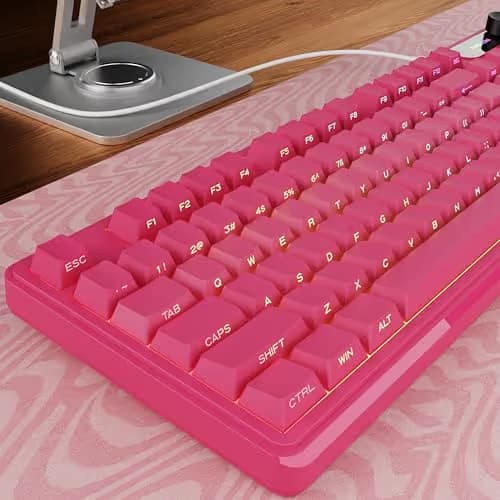 EWEADN V102 Wired Keyboard, 98 Keys Creamy Gaming Keyboard with Number Pad, Display Screen & Media Knob RGB Silent Wired Cute Computer Keyboard for Laptop PC Gamer - Dark Pink main image