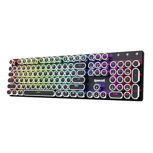 Redragon Wireless Typewriter Style Mechanical Gaming Keyboard, Bluetooth/2.4Ghz/Wired, RGB Backlit, Rechargeable, Blue Switch - Clicky, Metal Panel, Round Keycaps, Black main image