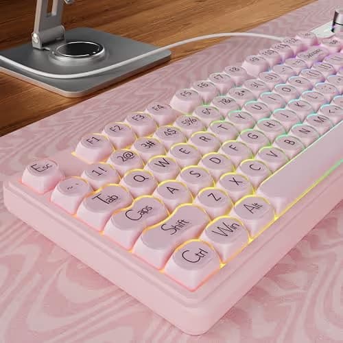EWEADN V102 Wired Keyboard, 98 Keys Creamy Gaming Keyboard with Number Pad, Display Screen & Media Knob RGB Silent Wired Cute Computer Keyboard for Laptop PC Gamer - Pink main image
