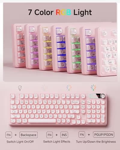 EWEADN V102 Wired Keyboard, 98 Keys Creamy Gaming Keyboard with Number Pad, Display Screen & Media Knob RGB Silent Wired Cute Computer Keyboard for Laptop PC Gamer - Pink image