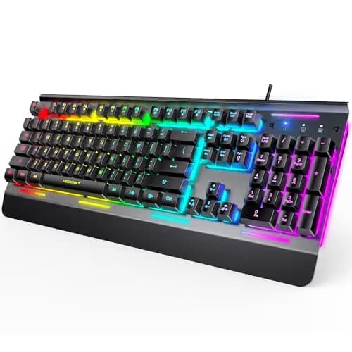 TECKNET Gaming Keyboard, USB Wired Computer Keyboard, 15-Zone RGB Illumination, IP32 Water Resistance, 25 Anti-ghosting Keys, All-Metal Panel (Whisper Quiet Gaming Switch) image