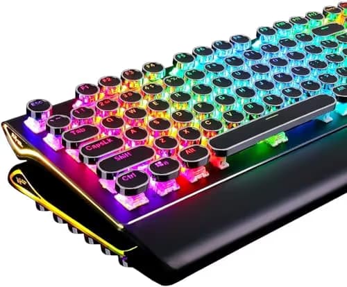 RK ROYAL KLUDGE S108 Typewriter Keyboard, Retro Mechanical Gaming Keyboard Wired 108 Keys with RGB Backlit Sidelight, Detachable Wrist Rest, Round Keycaps Blue Switches - Black image
