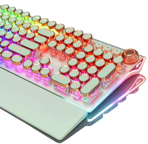 RK ROYAL KLUDGE X108 Typewriter Style Mechanical Keyboard, Wired Gaming Keyboard 108 Keys RGB Backlit Sidelight, Detachable Wrist Rest, Volume Knob, Retro Round Keycaps Blue Switches - Green image