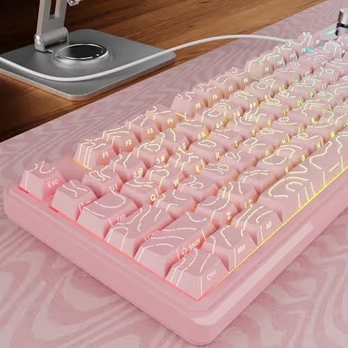 EWEADN V102 Wired Keyboard, 98 Keys Creamy Gaming Keyboard with Number Pad, Display Screen & Media Knob RGB Silent Wired Cute Computer Keyboard for Laptop PC Gamer - Light Pink image