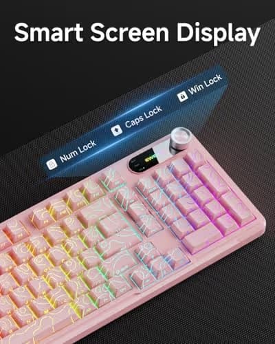 EWEADN V102 Wired Keyboard, 98 Keys Creamy Gaming Keyboard with Number Pad, Display Screen & Media Knob RGB Silent Wired Cute Computer Keyboard for Laptop PC Gamer - Light Pink image