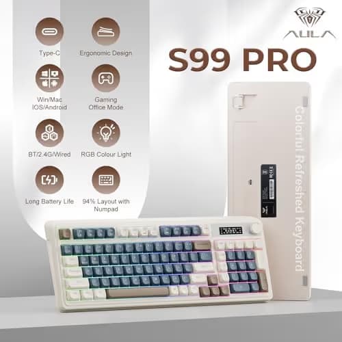 AULA S99 Pro Wireless Keyboard, Gaming Keyboards Media Knob Custom RGB Backlit, 3-Modes BT/2.4G/USB-C Membrane Cute Creamy Keyboard for Windows/MAC/PC Gamer - Blue White image