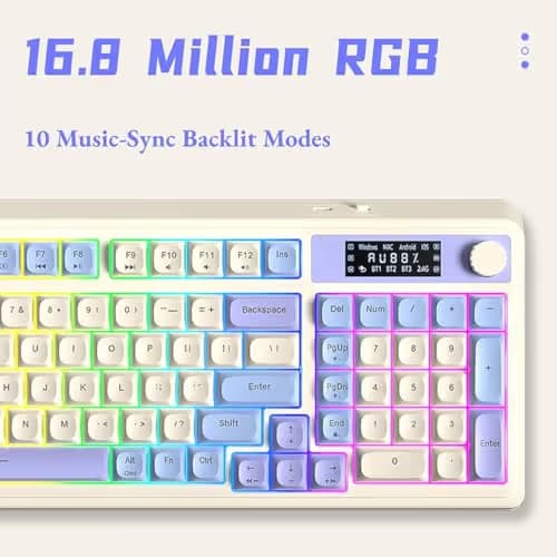 AULA S99 Pro Wireless Keyboard, Gaming Keyboards Media Knob Custom RGB Backlit, 3-Modes BT/2.4G/USB-C Membrane Cute Creamy Keyboard for Windows/MAC/PC Gamer - Blue White image