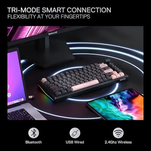 Redragon K720 Wireless CNC Gasket Gaming Keyboard w/Hype Screen & Knob, 81 Keys Mechanical Keyboard, Smart 1.14’’ TFT Info Display, 5-Layer Noise Dampening, Custom Linear Switch, Dawn Sakura Color image
